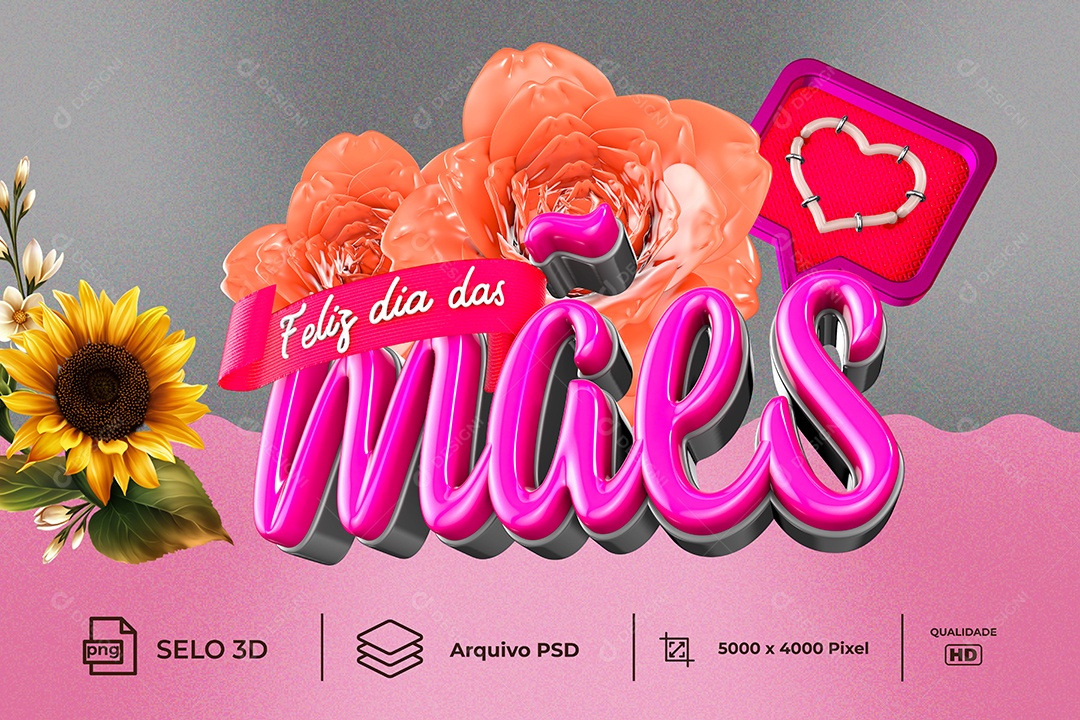 Selo 3D Feliz Dia Das Mães Rosa Coração Flor Para Composição PSD