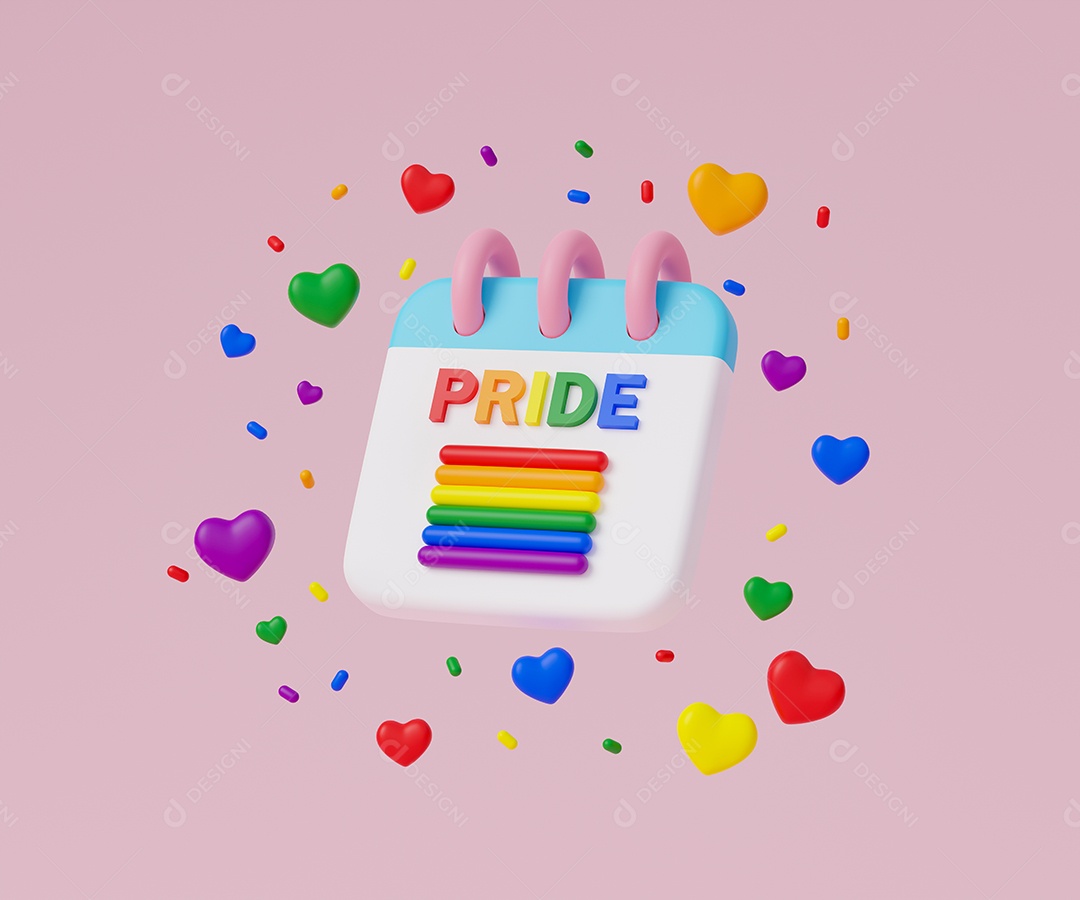 Calendário do festival do mês do orgulho render 3D com corações coloridos e confetes em fundo rosa.