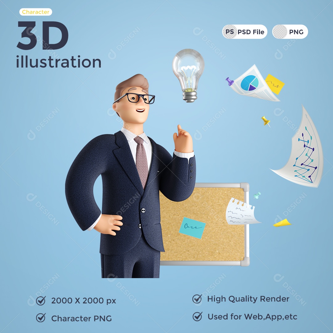 Ilustração 3D Homem Negócios Investimentos PSD
