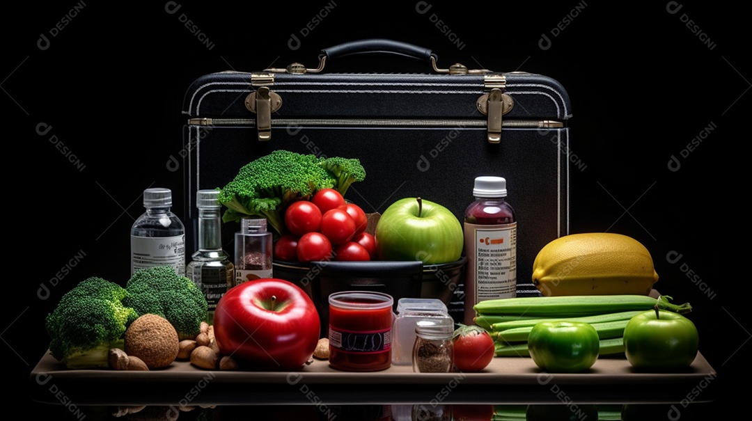 Frutas e legumes sobre um mesa com fundo isolado