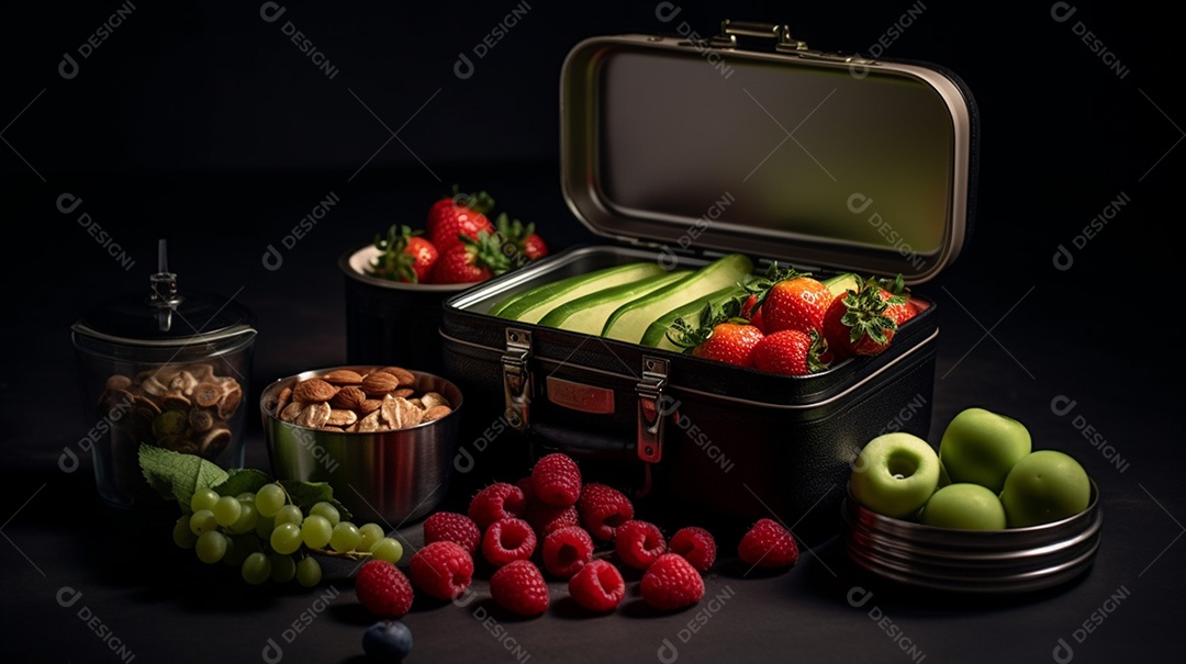 Frutas e legumes sobre um mesa com fundo isolado