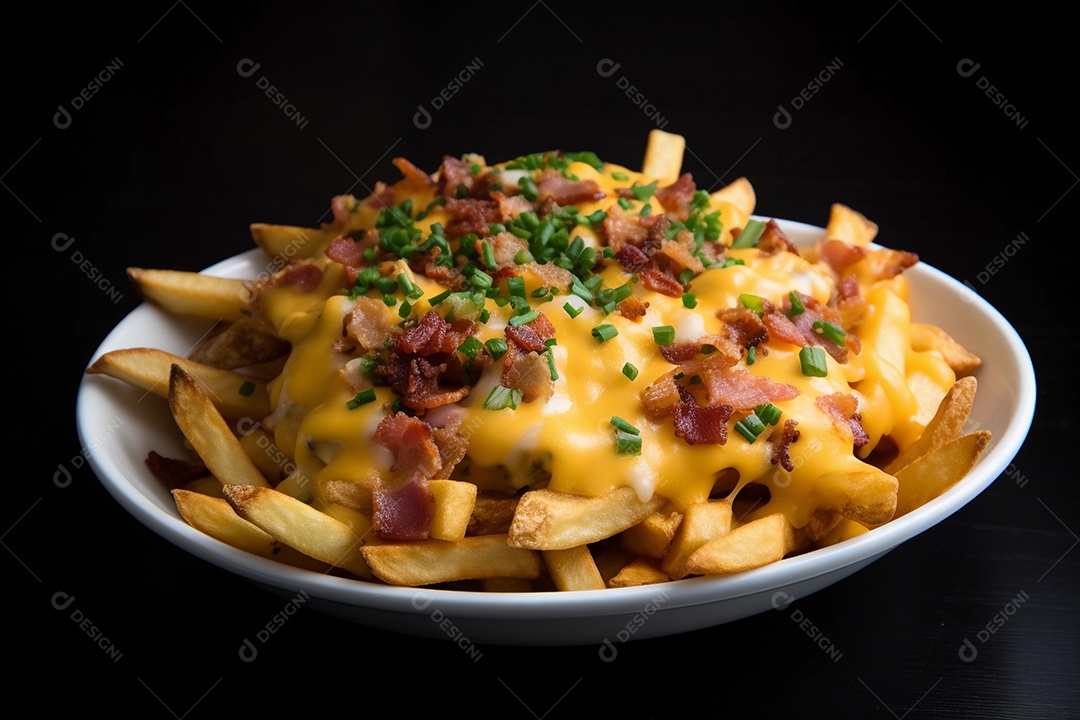 Batata frita com bacon e queijo cheddar.