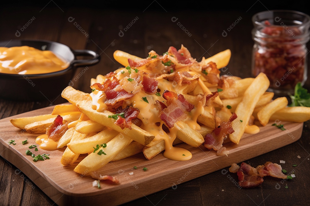 Batata frita com bacon e queijo cheddar.