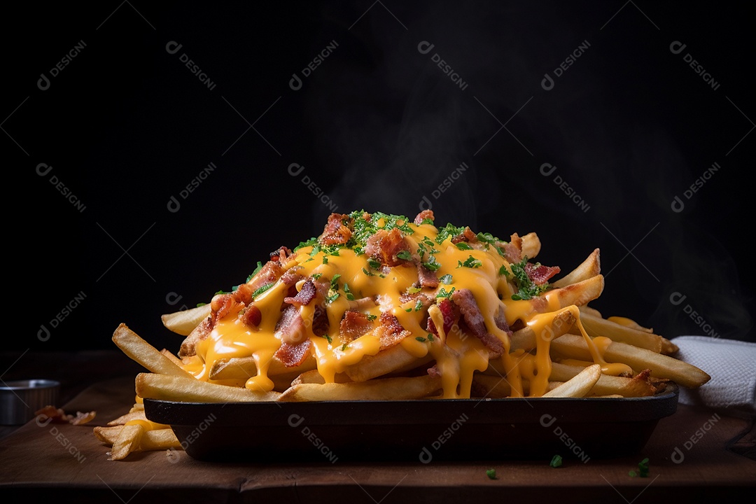 Batata frita com bacon e queijo cheddar.