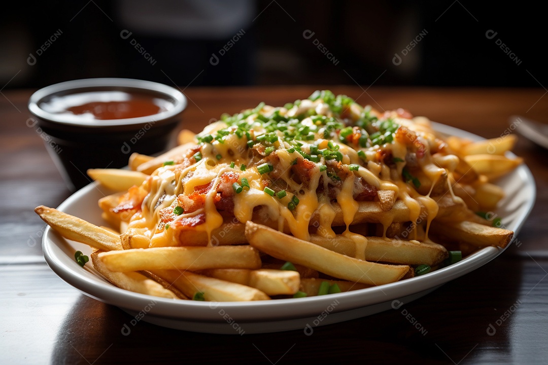Batata frita com bacon e queijo cheddar.