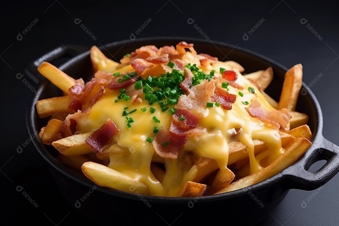 Batata frita com bacon e queijo cheddar.