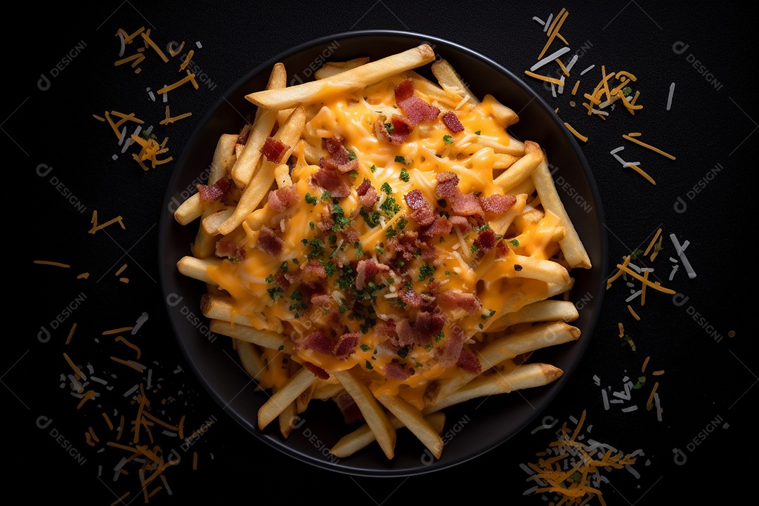 Batata frita com bacon e queijo cheddar.