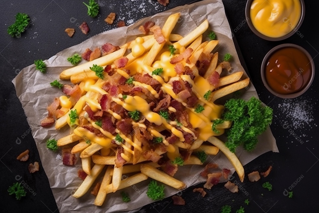 Batata frita com bacon e queijo cheddar.