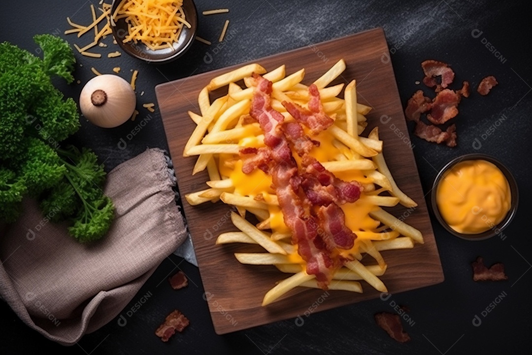 Batata frita com bacon e queijo cheddar.
