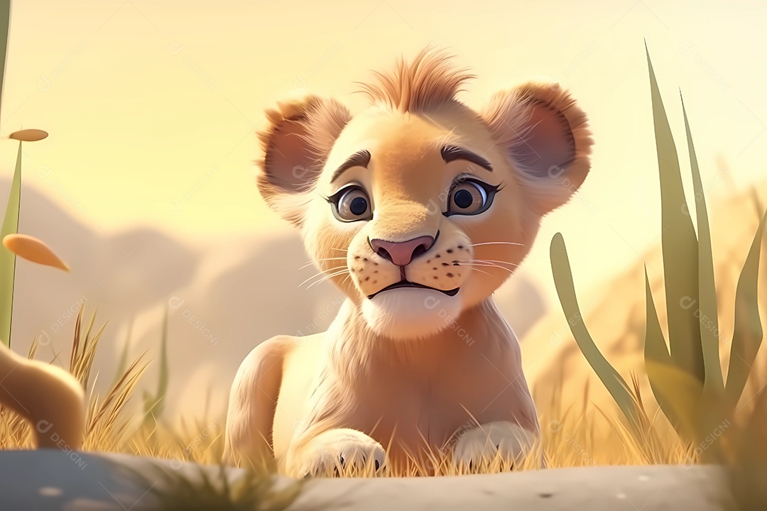 Ilustração de bebê de filhote de leão fofo, estilo de renderização 3d, estilo de animação de desenho animado infantil