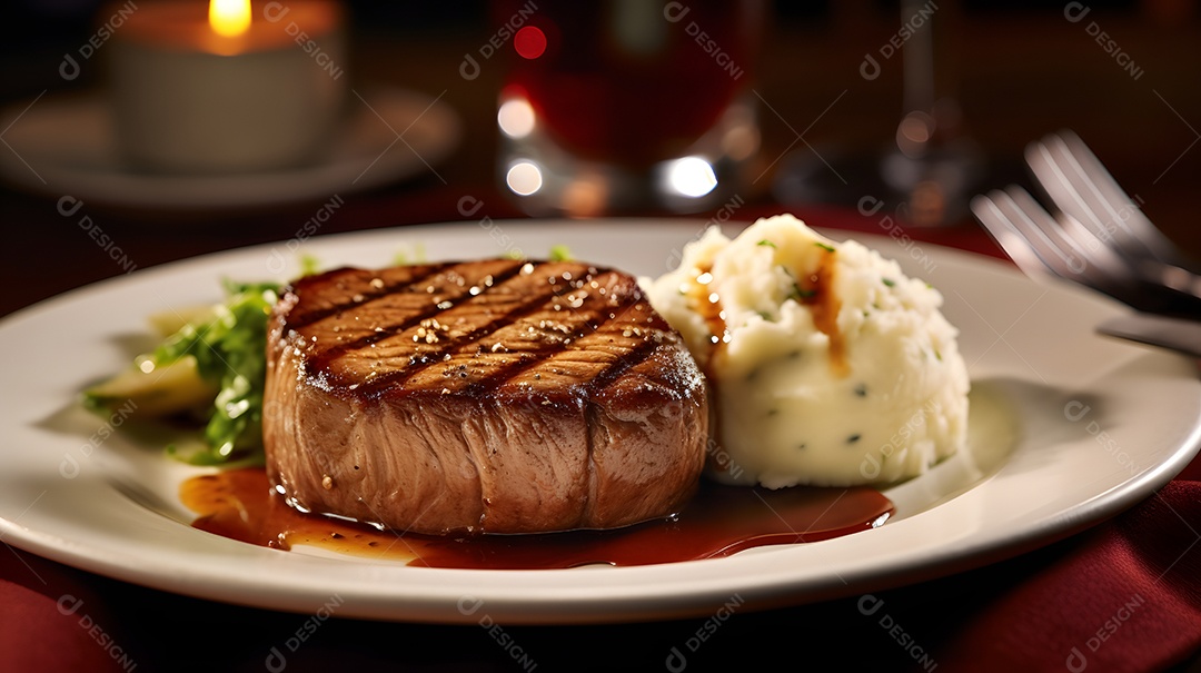Prato de comida carne grelhada com purê sobre uma mesa de restaurante