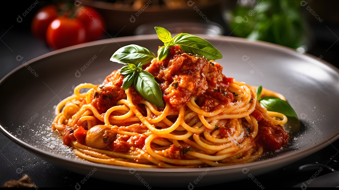 Prato de comida macarronada sobre uma mesa de restaurante