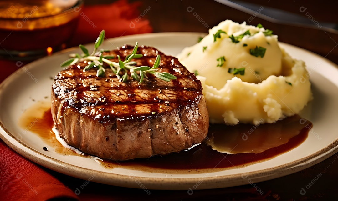 Prato de comida carne grelhada com purê sobre uma mesa de restaurante