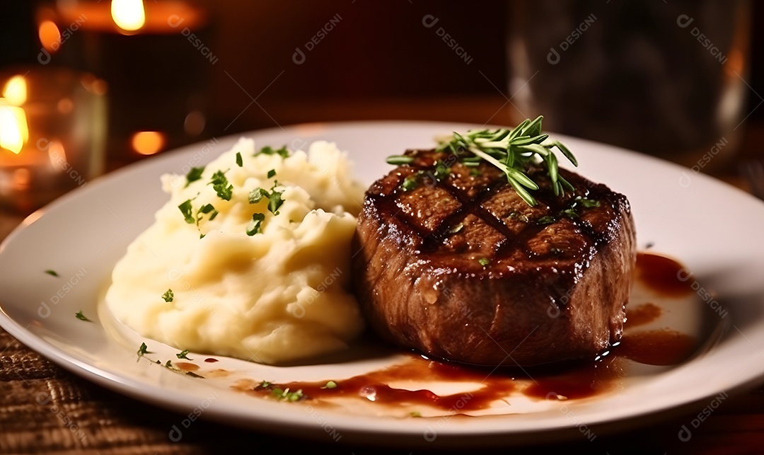 Prato de comida carne grelhada com purê sobre uma mesa de restaurante