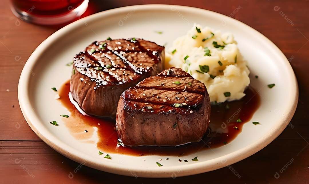 Prato de comida carne grelhada com purê sobre uma mesa de restaurante