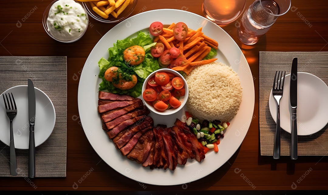 Prato de comida arroz salada carne e molho sobre uma mesa de restaurante