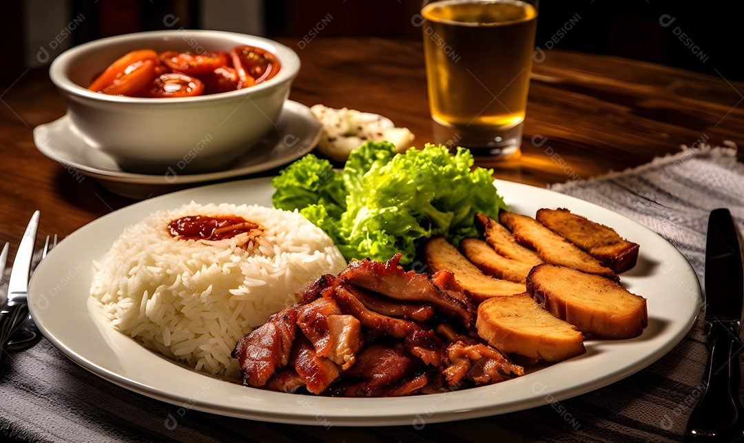 Prato de comida arroz salada carne e molho sobre uma mesa de restaurante