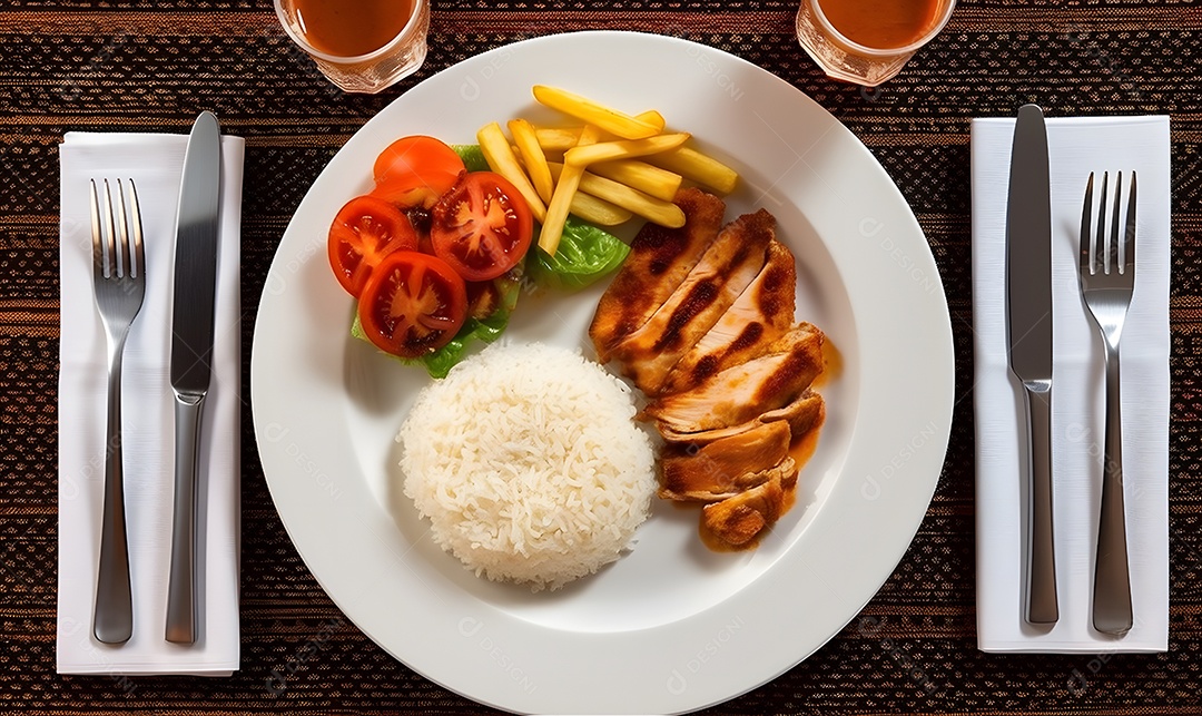Prato de comida arroz salada carne e molho sobre uma mesa de restaurante