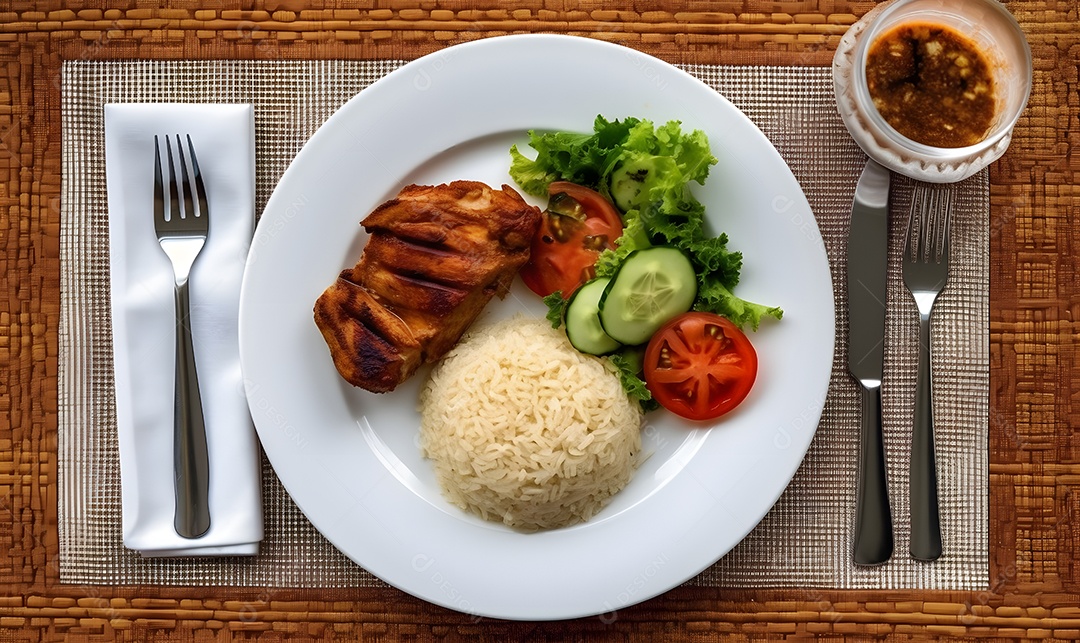 Prato de comida arroz salada carne e molho sobre uma mesa de restaurante