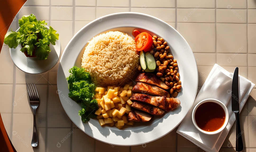 Prato de comida arroz salada carne e molho sobre uma mesa de restaurante