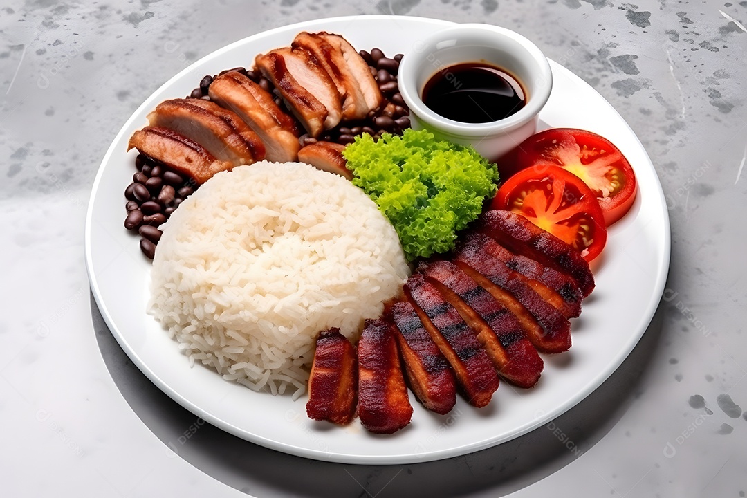 Prato de comida arroz salada carne e molho sobre uma mesa de restaurante
