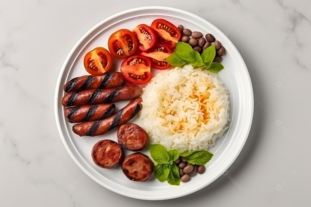 Prato de comida arroz salada carne e molho sobre uma mesa de restaurante