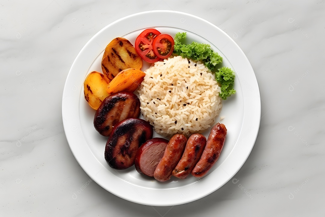 Prato de comida arroz salada carne e molho sobre uma mesa de restaurante