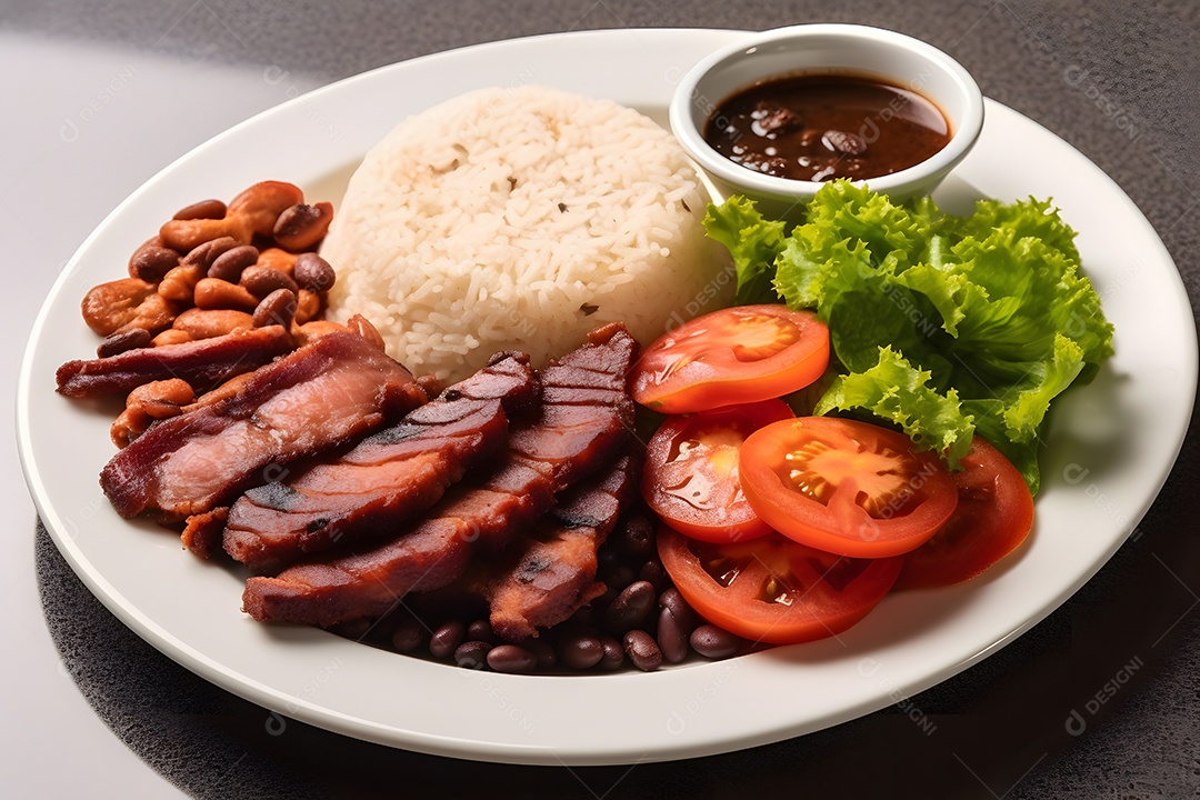 Prato de comida arroz salada carne e molho sobre uma mesa de restaurante