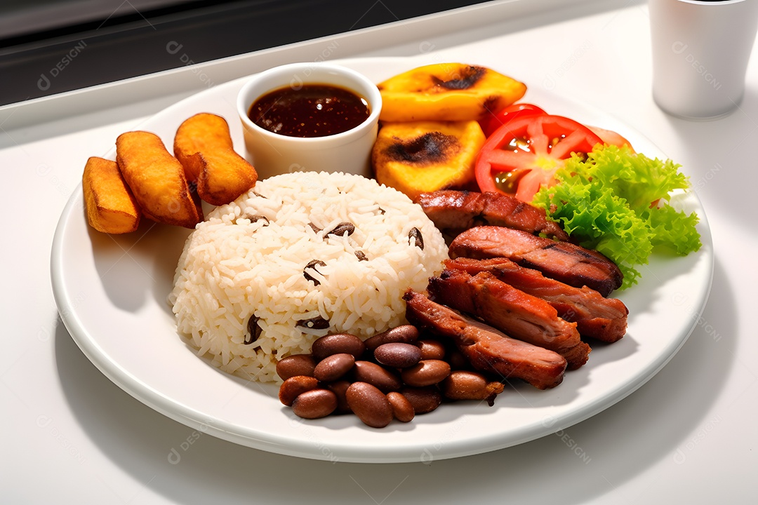 Prato de comida arroz salada carne e molho sobre uma mesa de restaurante restaurante