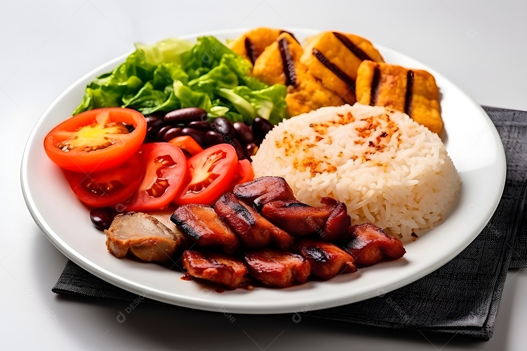 Prato de comida arroz salada carne e molho sobre uma mesa de restaurante