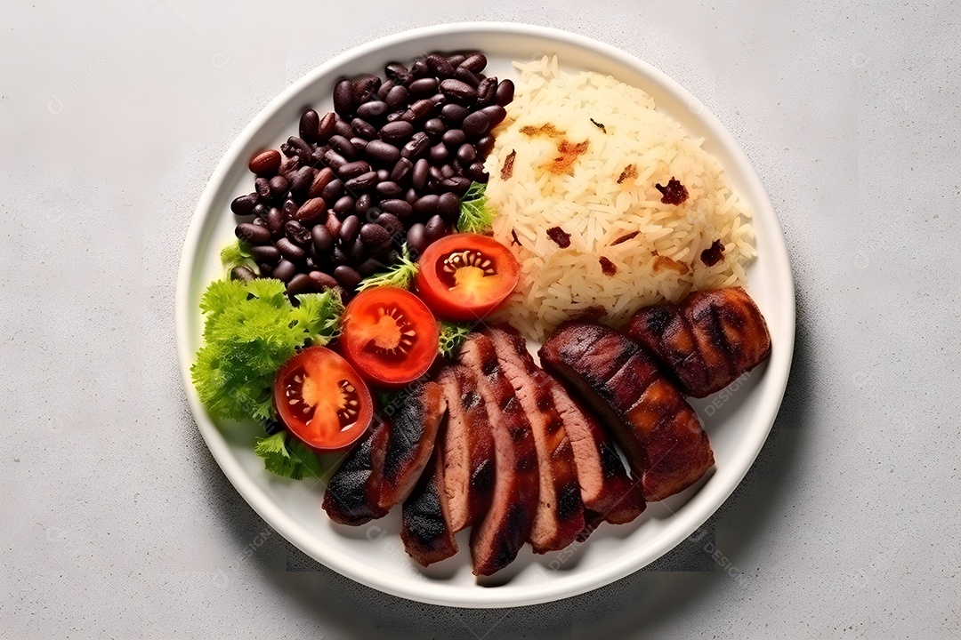 Prato de comida arroz salada carne e molho sobre uma mesa de restaurante