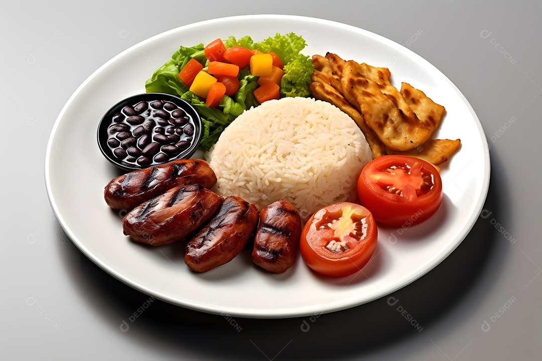 Prato de comida arroz salada carne e molho sobre uma mesa de restaurante