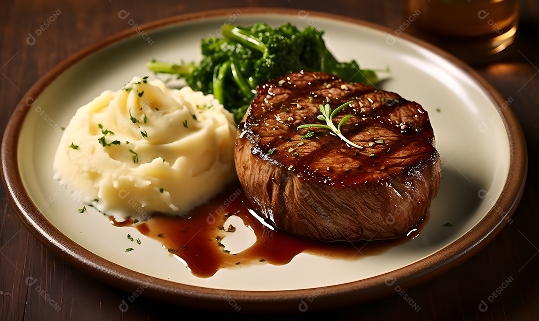 Prato de comida carne grelhada com purê sobre uma mesa de restaurante