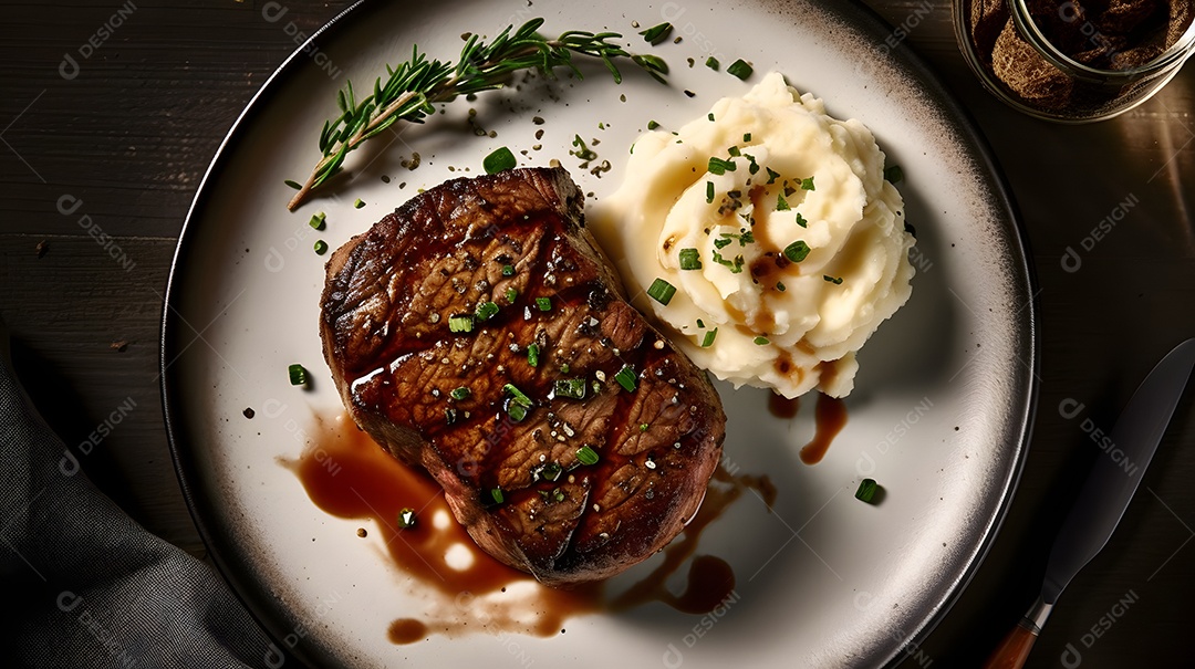 Prato de comida carne grelhada com purê sobre uma mesa de restaurante