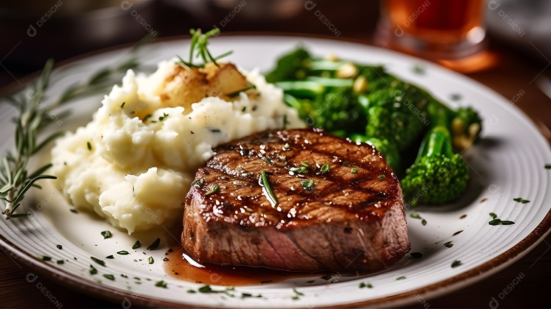 Prato de comida carne grelhada com purê sobre uma mesa de restaurante