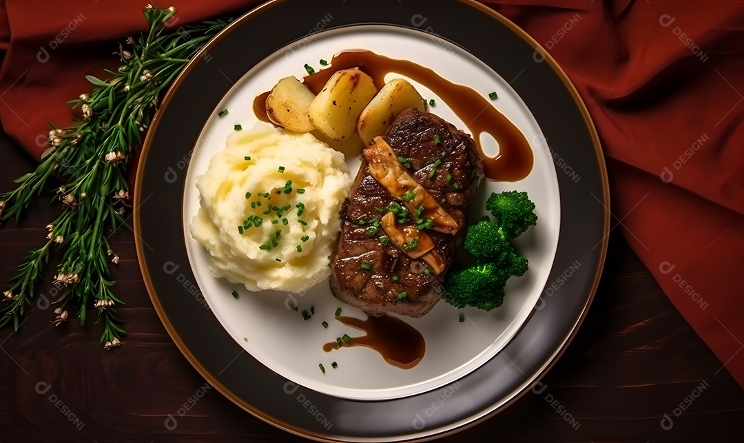 Prato de comida carne grelhada com purê sobre uma mesa de restaurante