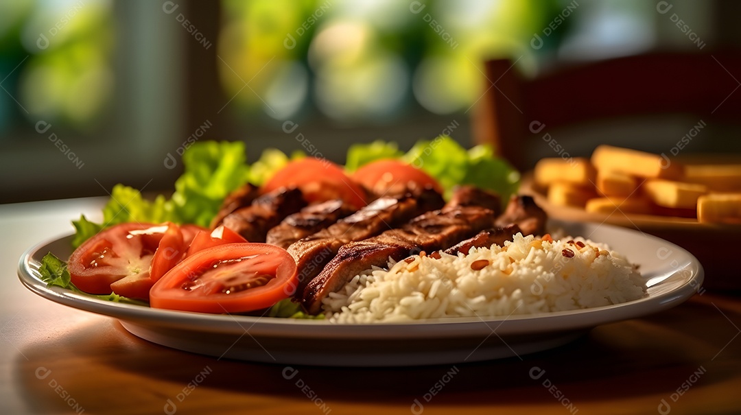 Prato de comida arroz carne salada sobre uma mesa de restaurante