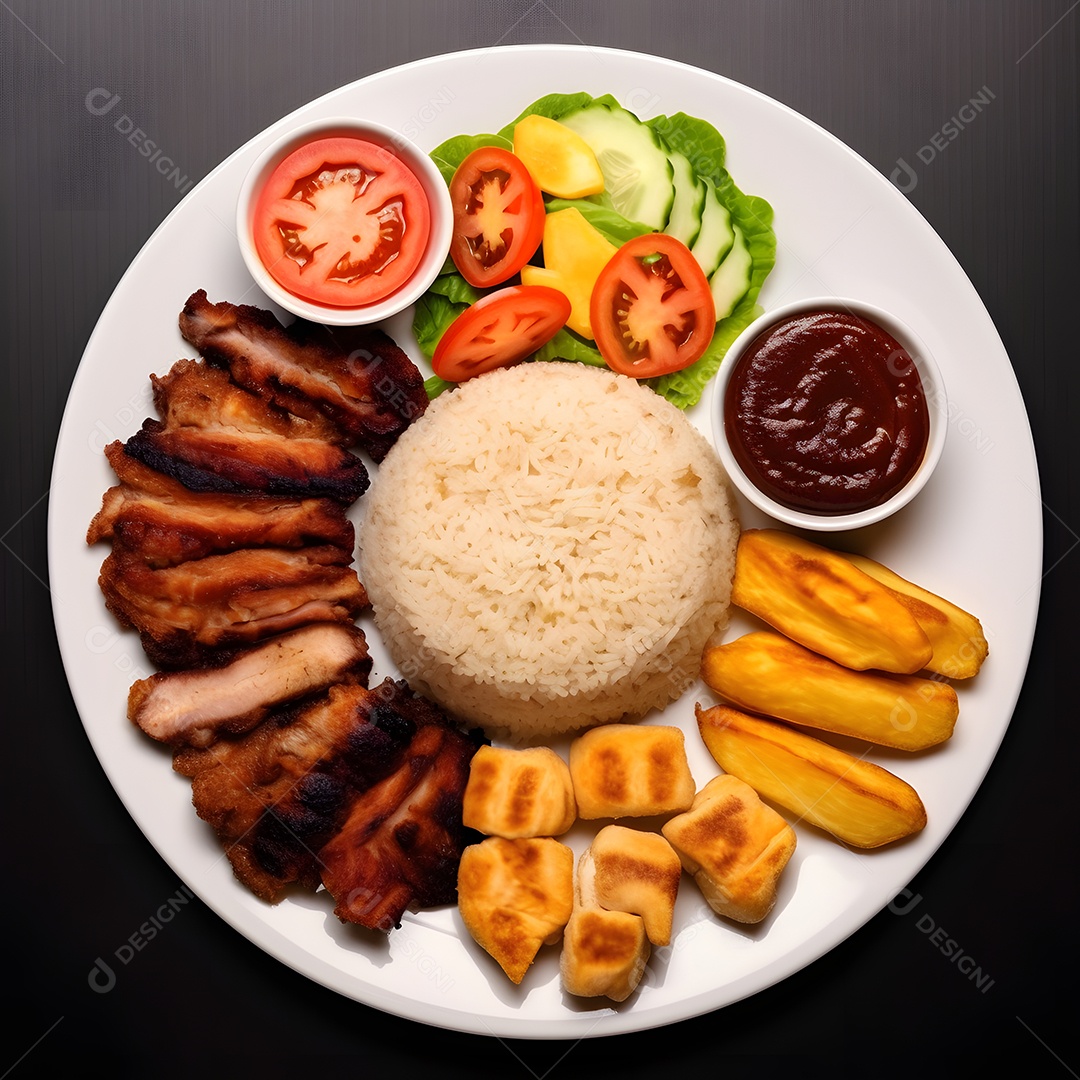 Prato de comida arroz carne salada sobre uma mesa de restaurante