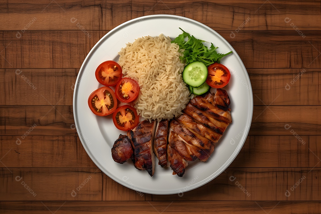 Prato de comida arroz carne salada sobre uma mesa de restaurante