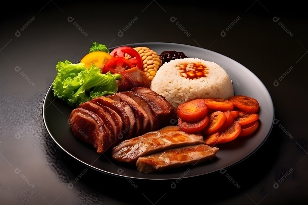 Prato de comida arroz carne salada sobre uma mesa de restaurante