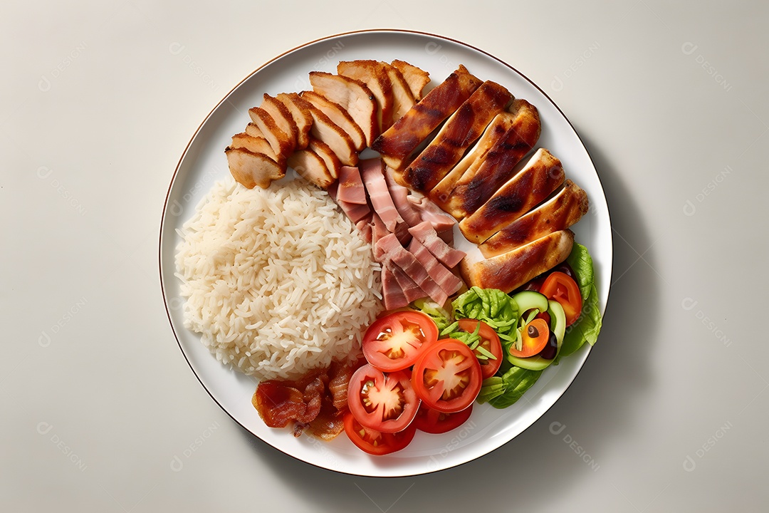 Prato de comida arroz carne salada sobre uma mesa de restaurante