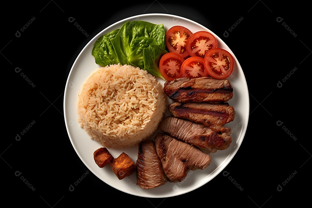 Prato de comida arroz carne salada sobre uma mesa de restaurante