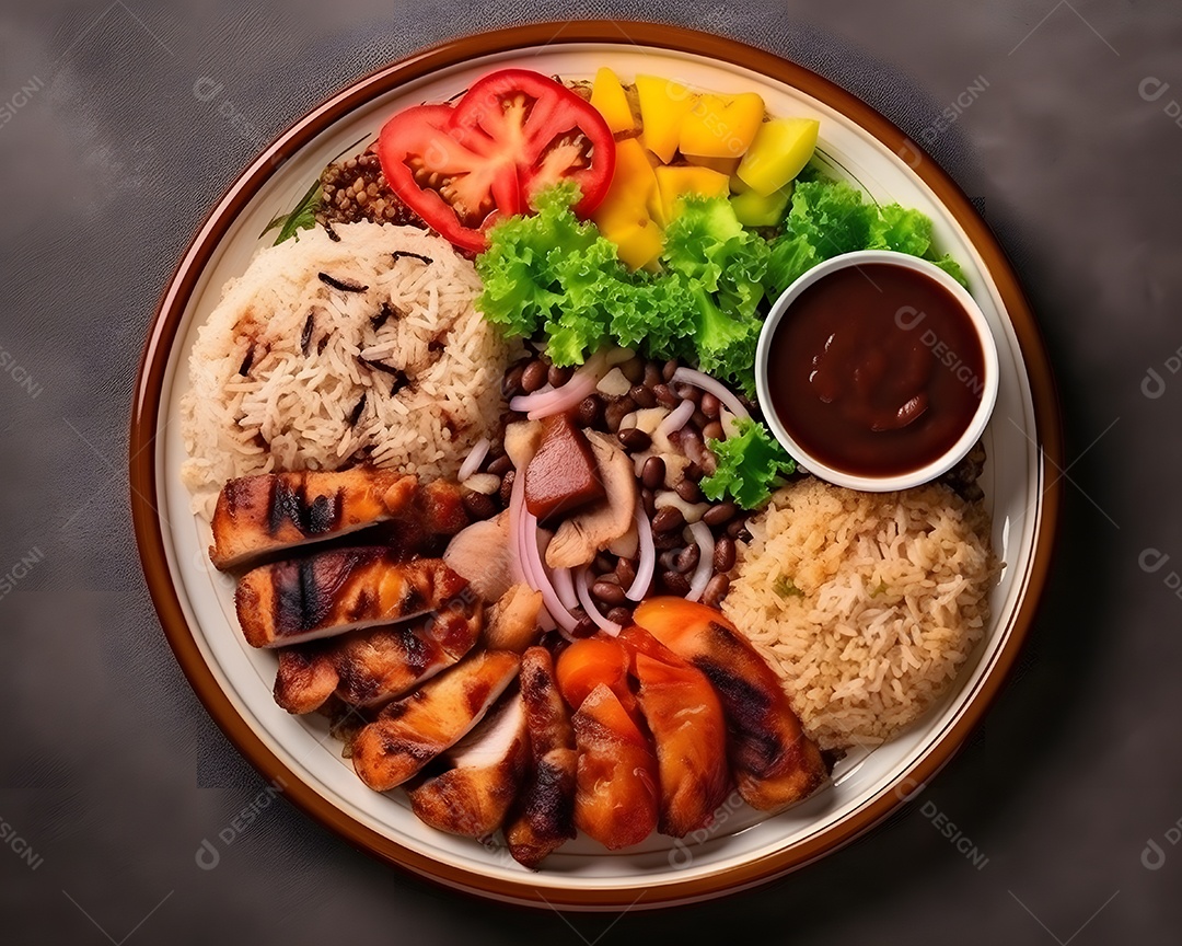 Prato de comida arroz carne salada sobre uma mesa de restaurante