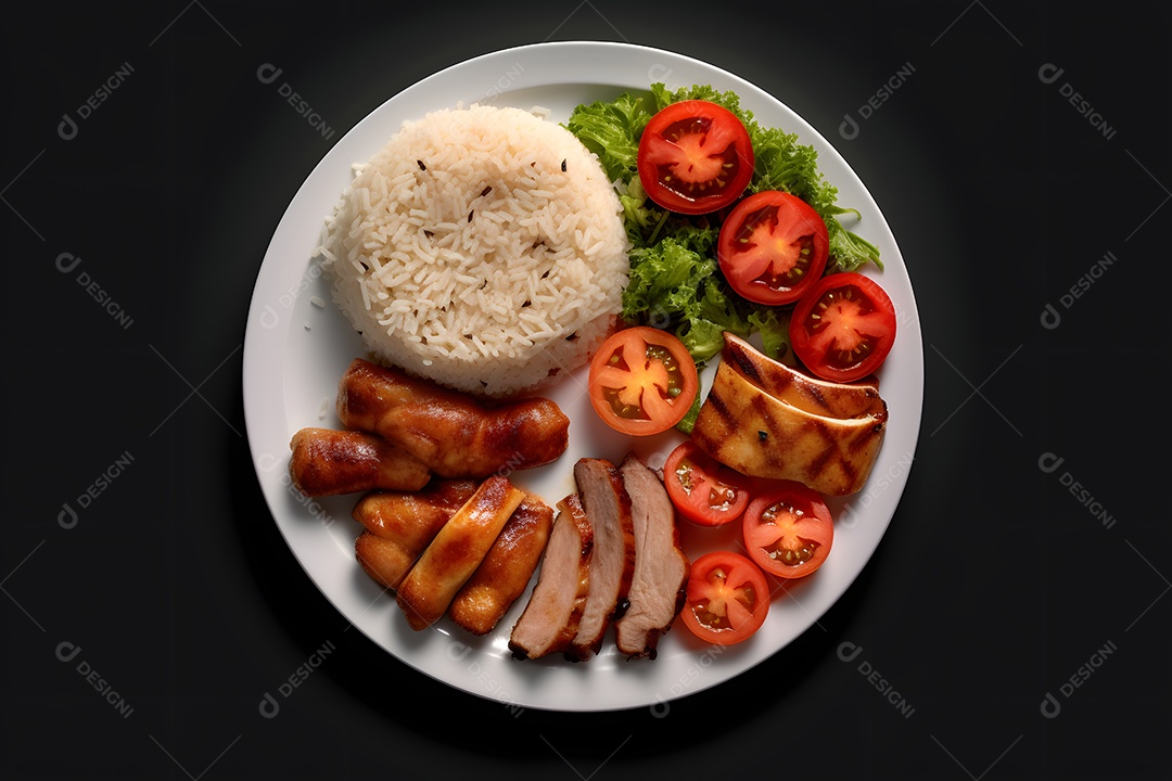 Prato de comida arroz carne salada sobre uma mesa de restaurante