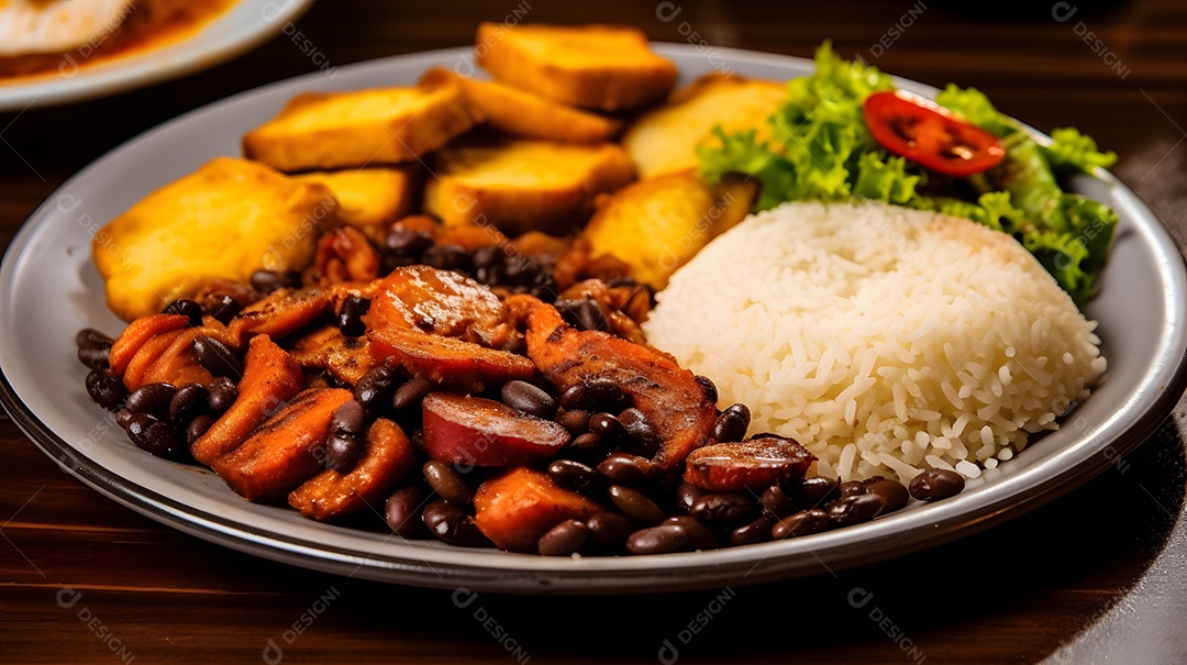 Prato de comida arroz carne salada sobre uma mesa de restaurante