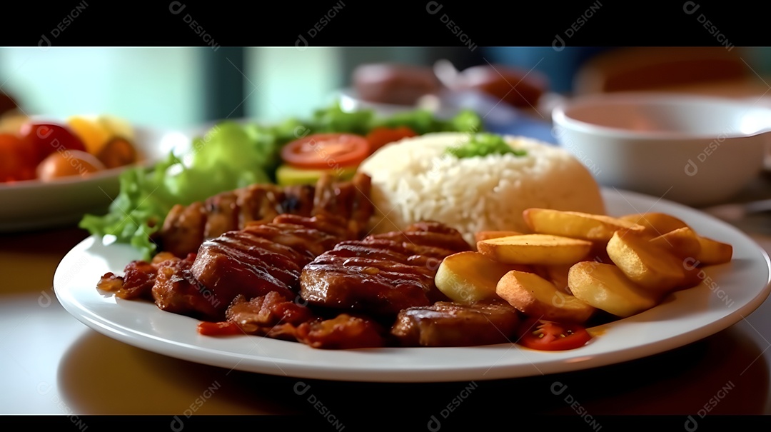 Prato de comida arroz carne salada sobre uma mesa de restaurante