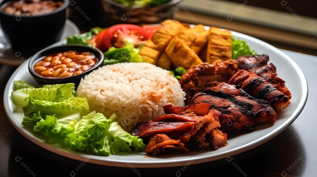 Prato de comida arroz carne salada sobre uma mesa de restaurante