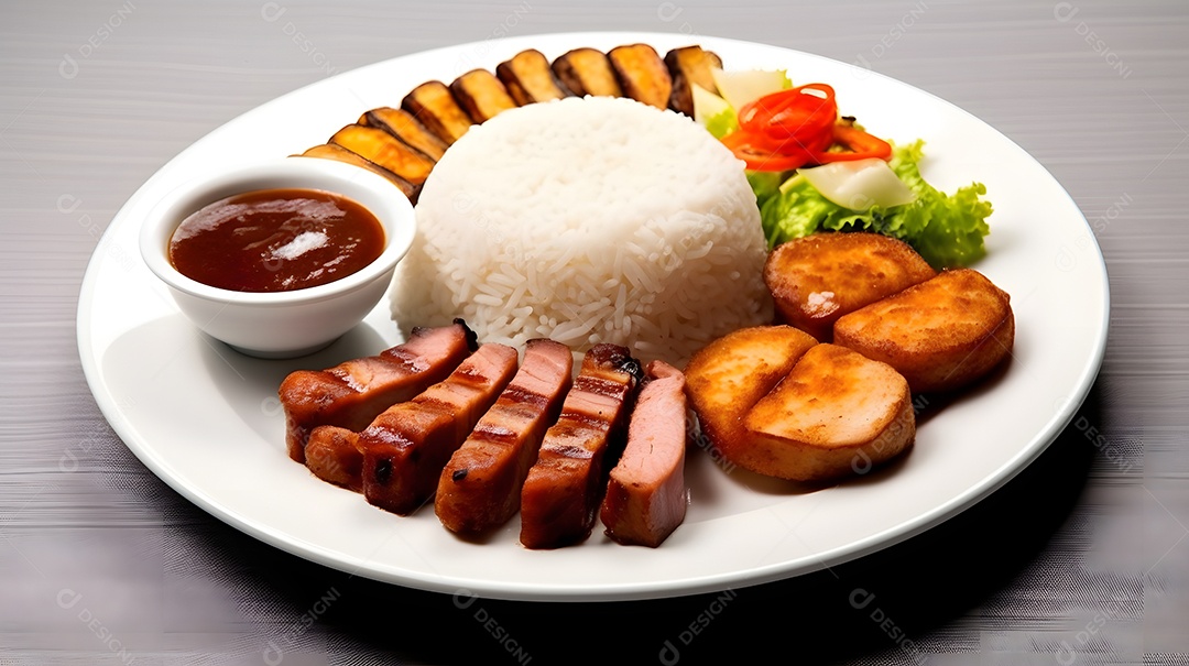 Prato de comida arroz carne salada molho sobre uma mesa de restaurante