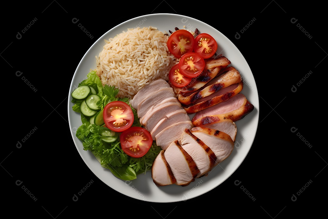 Prato de comida arroz carne salada molho sobre uma mesa de restaurante