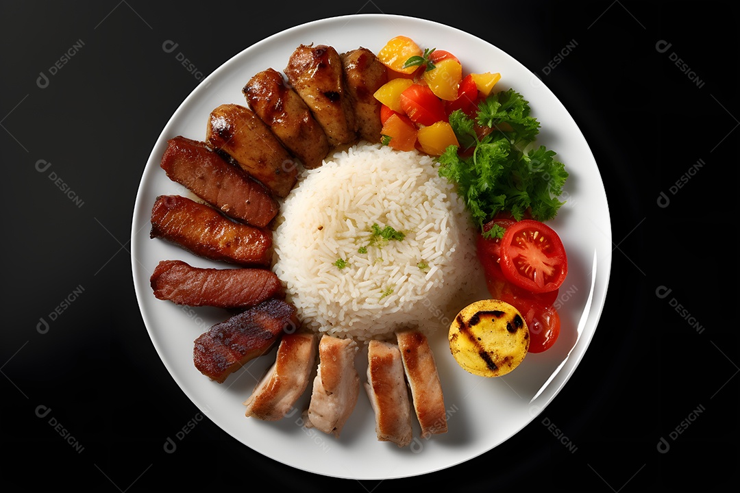 Prato de comida arroz carne salada molho sobre uma mesa de restaurante